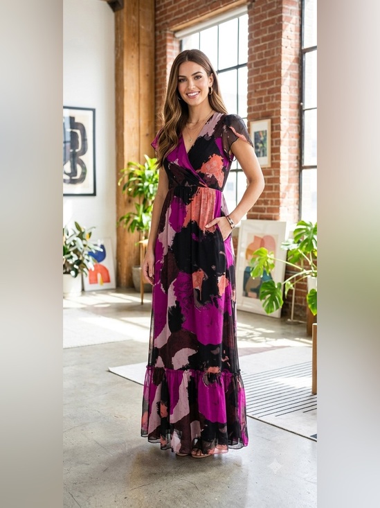 Dresses & Skirts - Diane von Furstenberg Silk Wrap Maxi Dress Purple Floral VNeck Flutter Sleeve XS